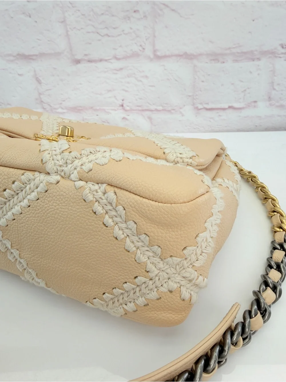 Chanel 19 Flap Medium Calfskin Crochet Shoulder Bag Beige